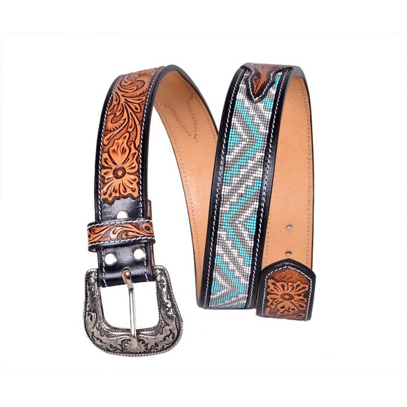 6457 Western Tooled Leather Beaded Belt For Men And Women 30is107-40 - Picture 4 of 6